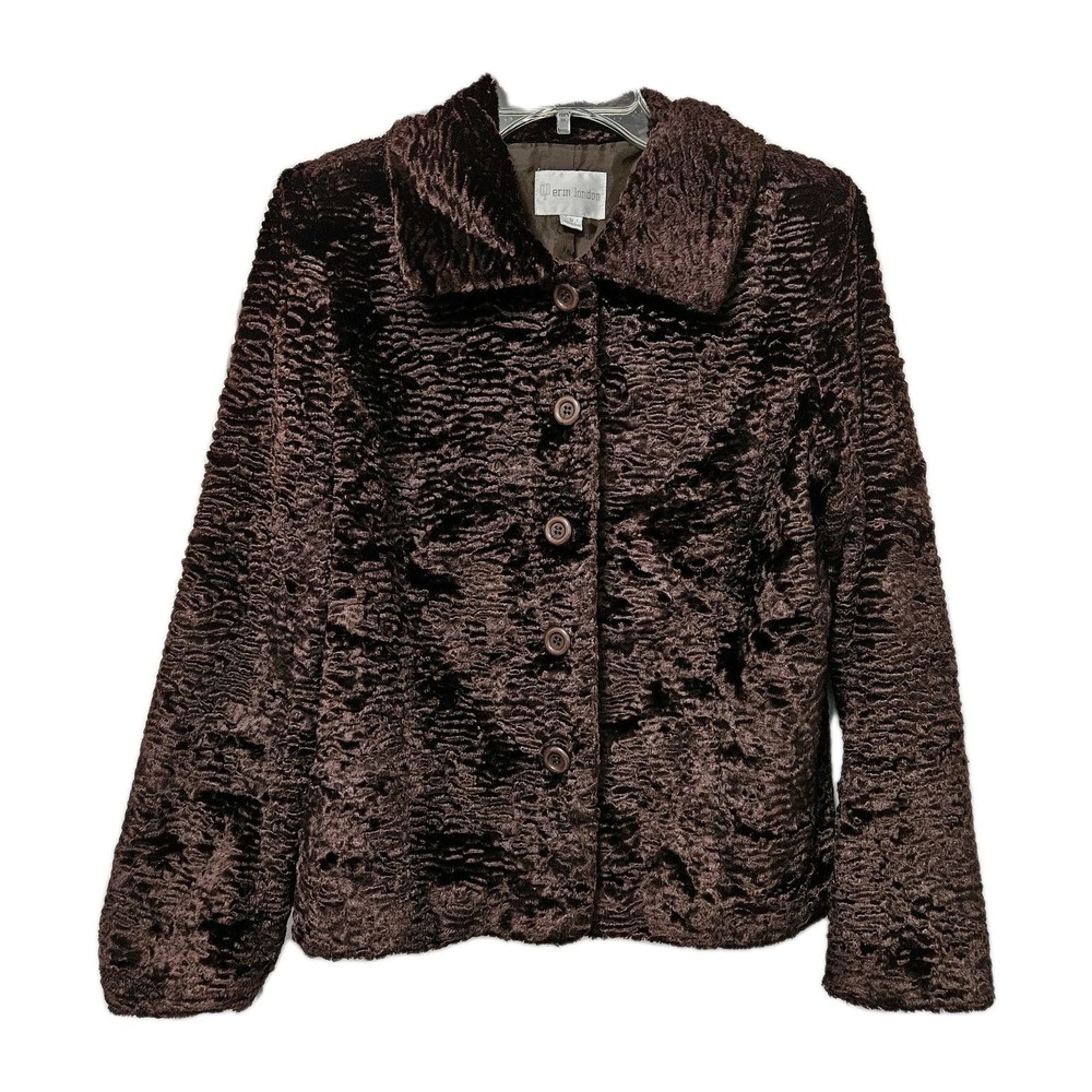 Erin London Furry Fun Velvet Jacket Womens Small Brown Lined Button Up Collared